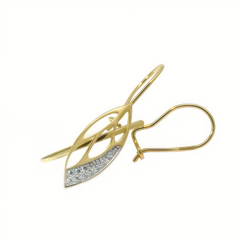 Złote kolczyki wiszące z listkiem i cyrkoniami